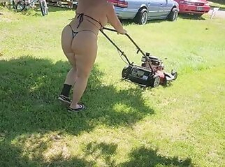 mature Got back to find wife mowing in a thong bikini, her ass and thighs jiggling with every step amateur blonde